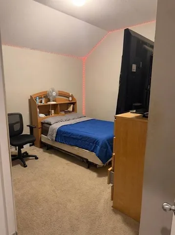a bedroom with a bed and a desk