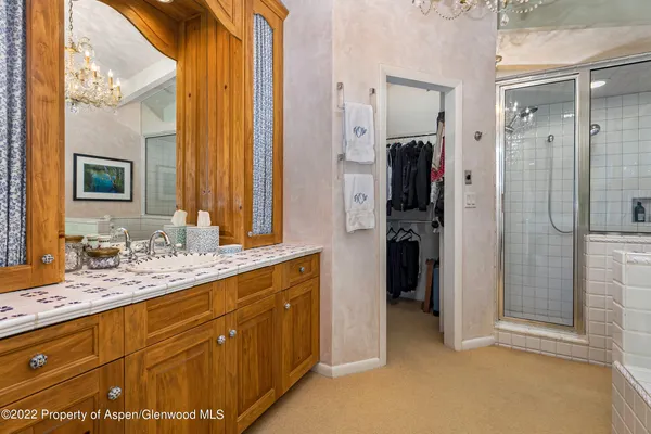 a bathroom with a granite countertop sink mirror and a shower