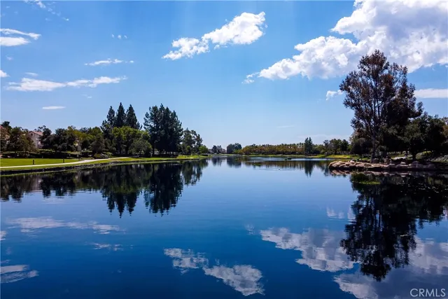 a view of an ocean with boats and trees in the background