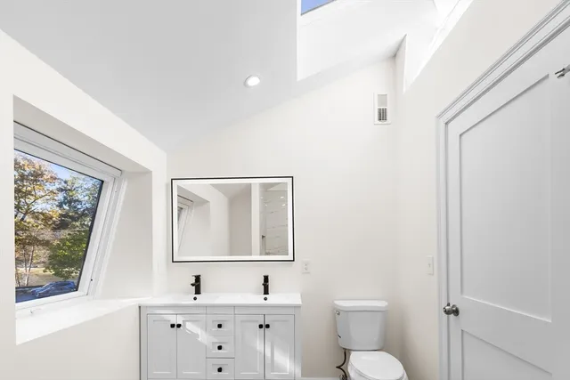 a bathroom with a toilet sink vanity and mirror