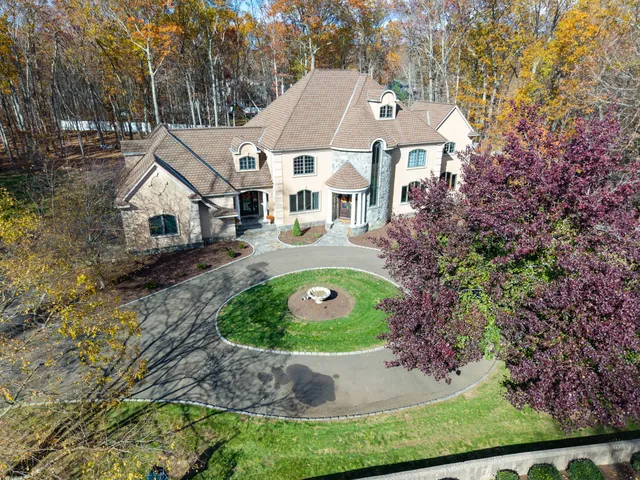 an aerial view of a house with a yard and large trees