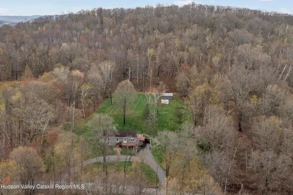 a view of a forest with a house