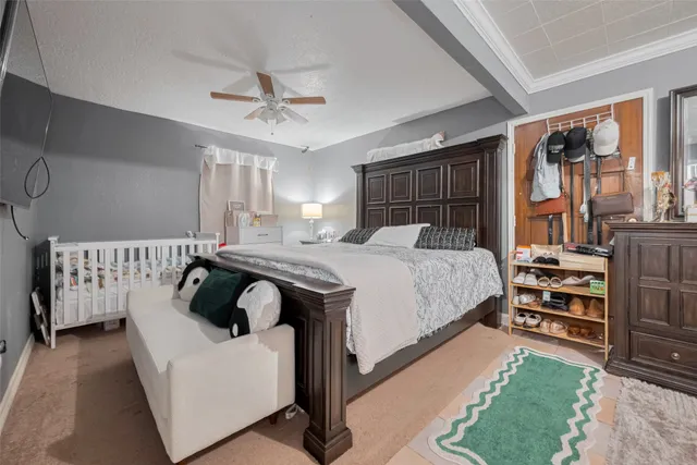 a bedroom with a bed and a walk in closet