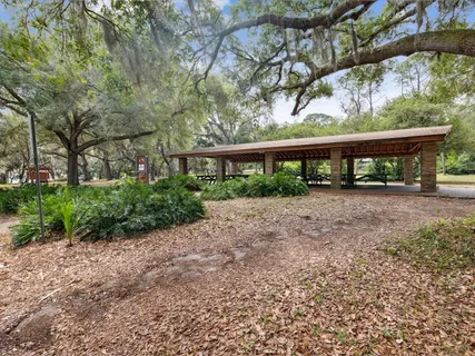a view of a backyard with wooden floor and large trees