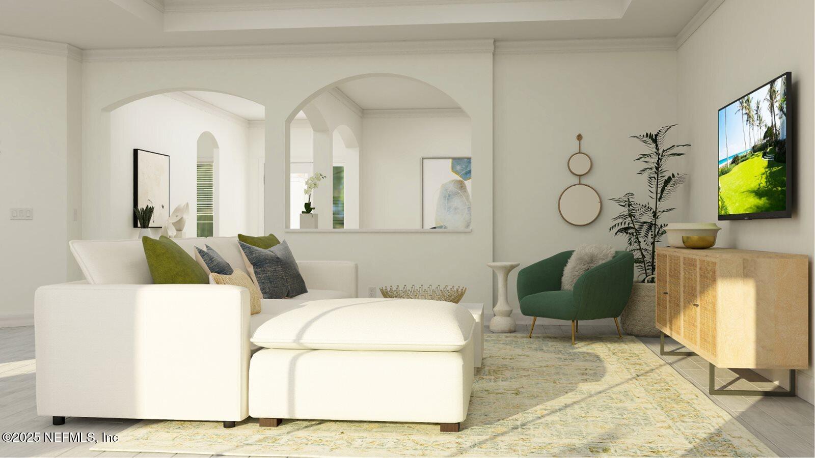 126 Hasler Avenue St. Augustine, FL 32092 - Photo 32 of 34 a living room with furniture a flat screen tv and a fireplace