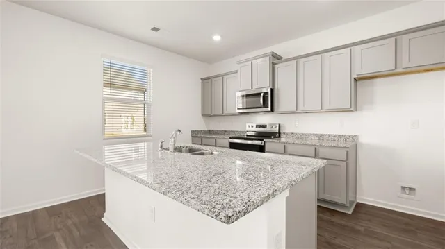 a kitchen with granite countertop a sink a counter space appliances and cabinets