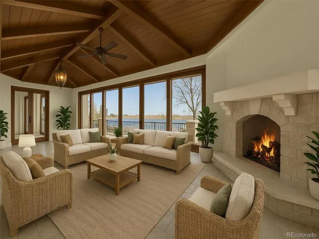 a living room with furniture gym equipment and a view of kitchen