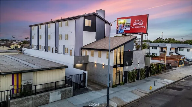a city view with tall buildings