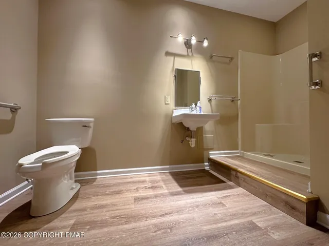 a bathroom with a toilet and a shower