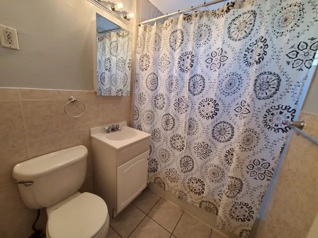 a white toilet sitting next to a shower curtain