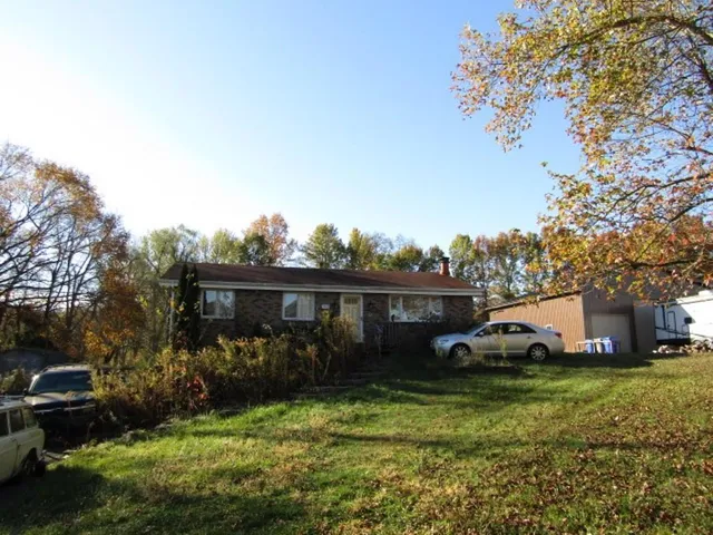 a view of house with garden and tall trees