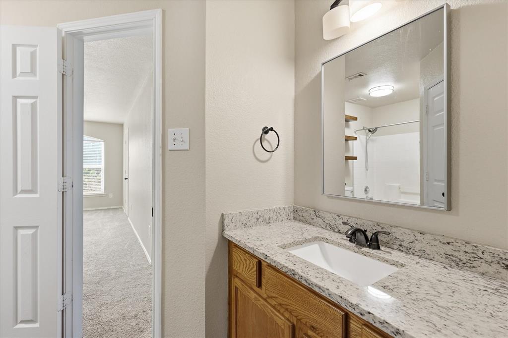 13236 Ridgepointe Road Fort Worth, TX 76244 - Photo 14 of 19 a bathroom with a granite countertop sink and a mirror