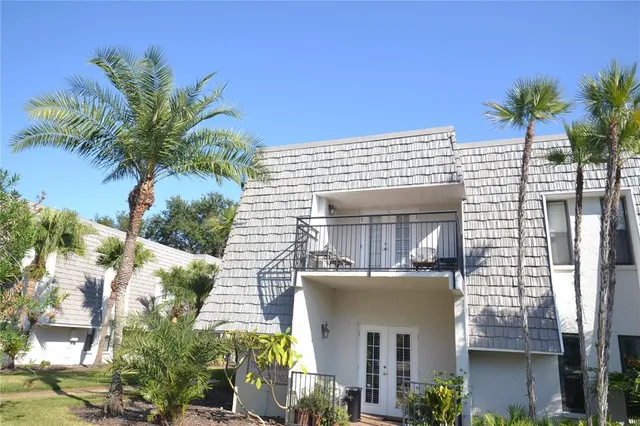 a view of front of house with potted plants and palm trees