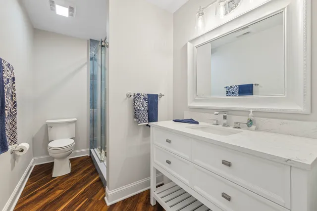 a bathroom with a sink toilet a mirror and vanity