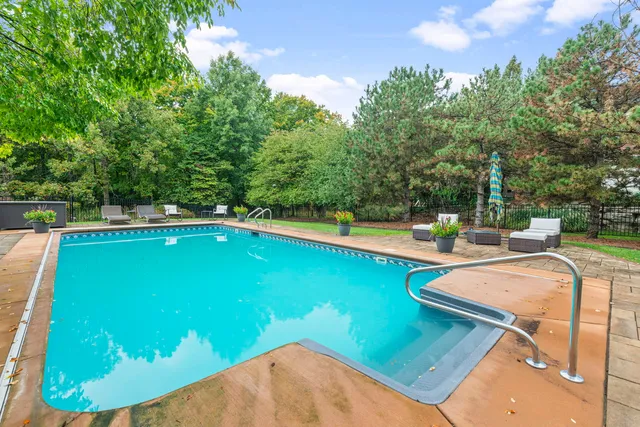 a view of a swimming pool with a patio and yard