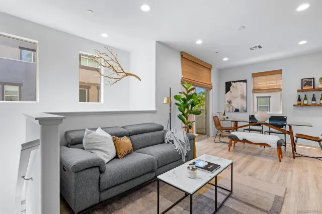 a living room with furniture and a potted plant