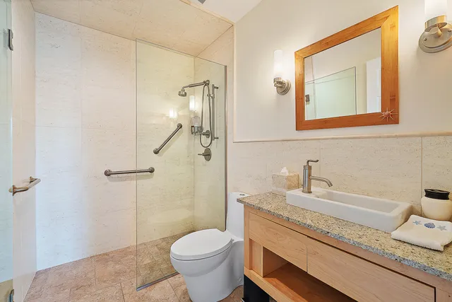 a bathroom with a granite countertop sink toilet and shower
