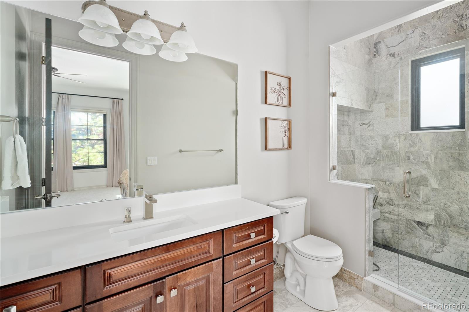 20132 East Shady Ridge Road Parker, CO 80134 - Photo 25 of 50 a bathroom with a toilet a sink a mirror and vanity
