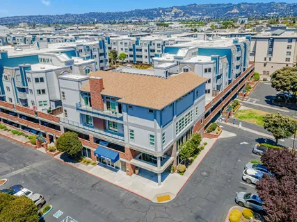 an aerial view of an buildings and street