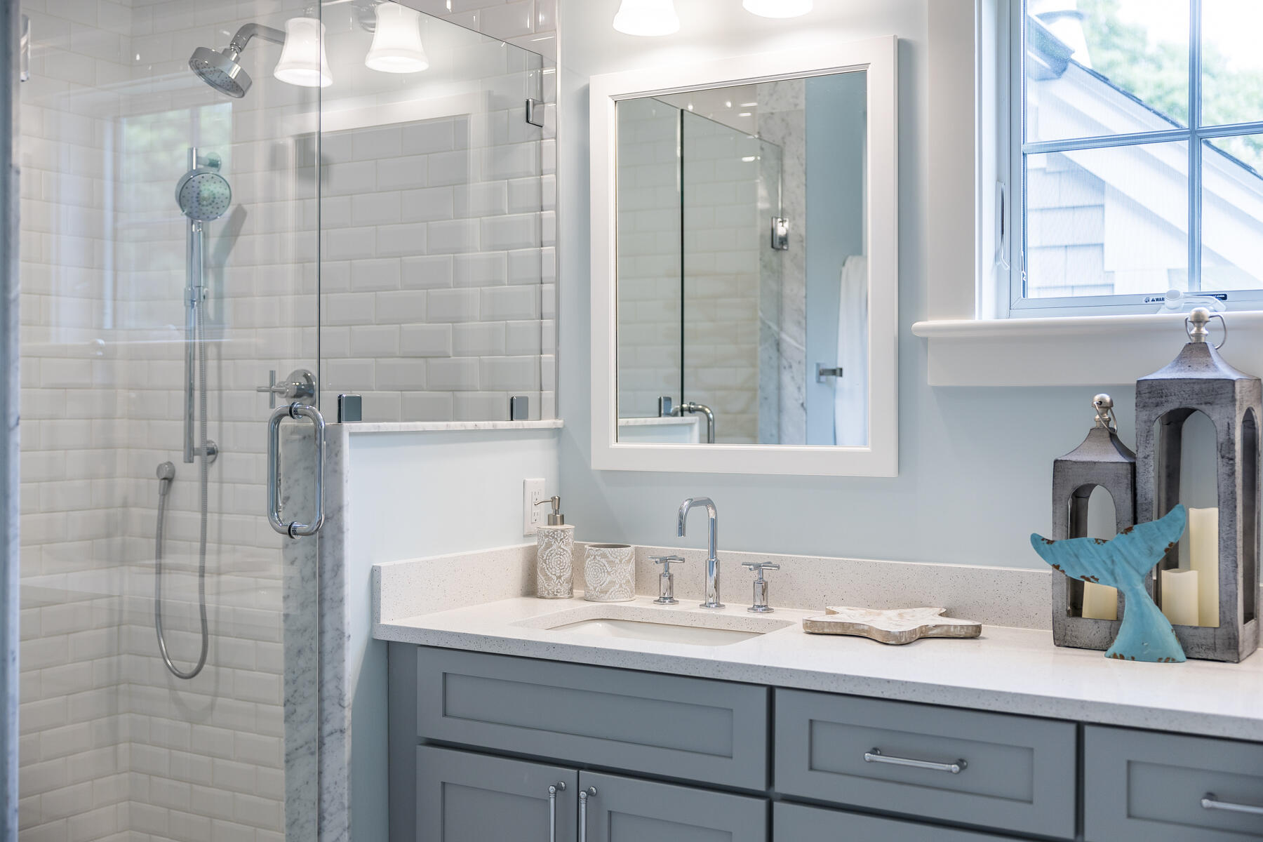 264 Tonset Road Orleans, MA 02653 - Photo 46 of 92 a bathroom with a granite countertop sink mirror and double