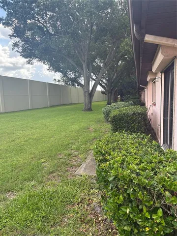 a view of a backyard with large trees