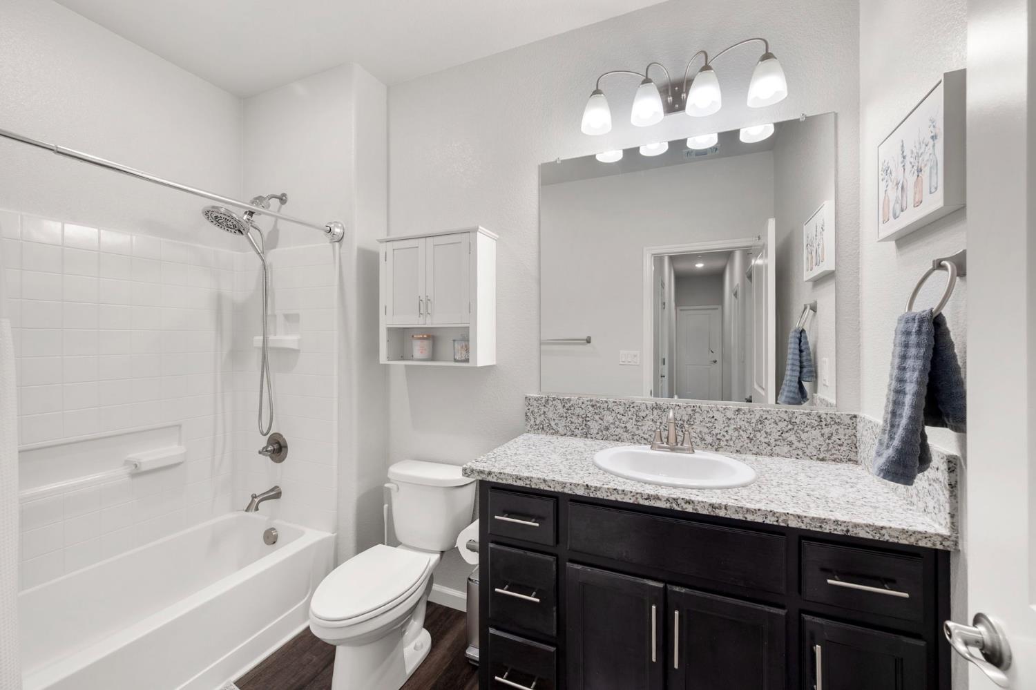 1500 Lahonton Way Ione, CA 95640 - Photo 18 of 52 a bathroom with a granite countertop sink a toilet a mirror a bathtub and shower