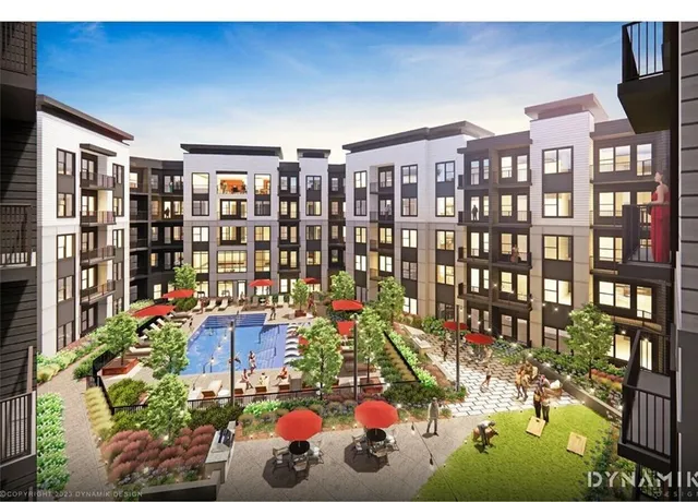 a front view of a building with street view