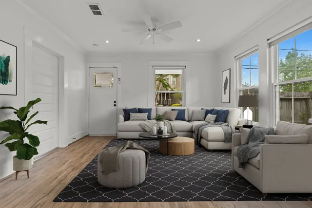 a living room with furniture potted plant and windows