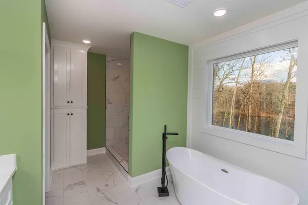 a bathroom with a bathtub and a toilet