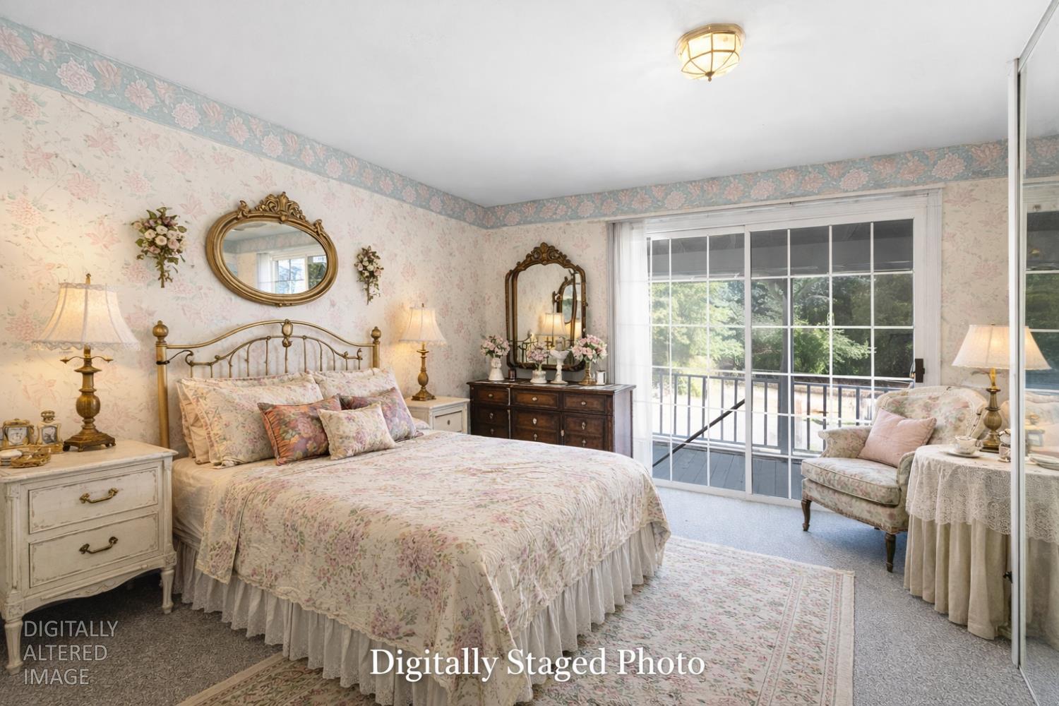 40101 Tassajara Road Carmel Valley, CA 93924 - Photo 27 of 91 Bedroom with carpet, access to exterior, and wallpapered walls. Large closet with mirrored doors. Built in chest that is hidden in the photo