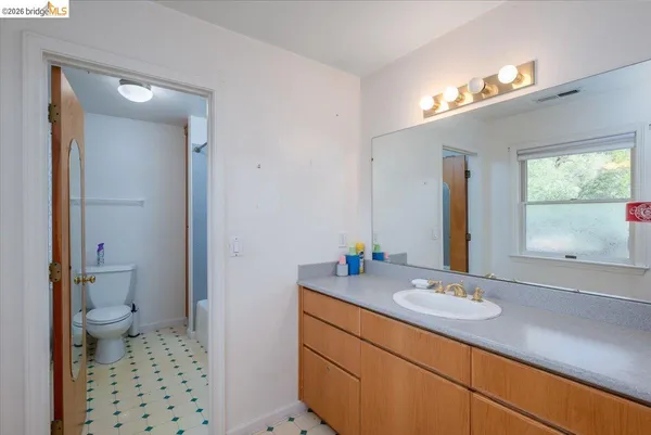 a bathroom with a sink a toilet and a mirror
