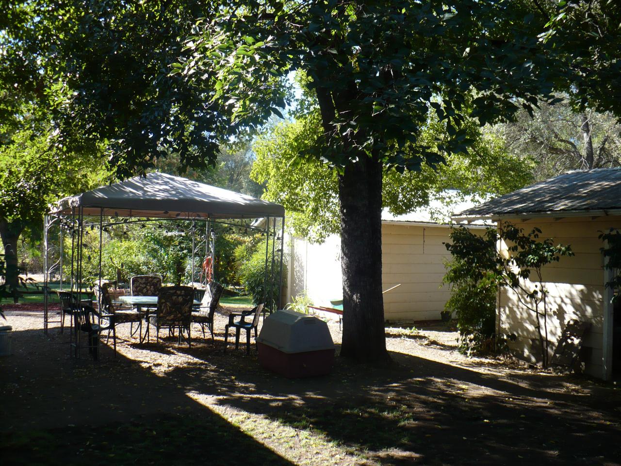21334 Dersch Road Anderson, CA 96007 - Photo 15 of 24 a view of a patio with table and chairs potted plants and large tree