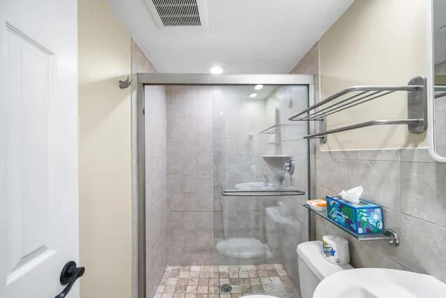 a bathroom with a shower and toilet