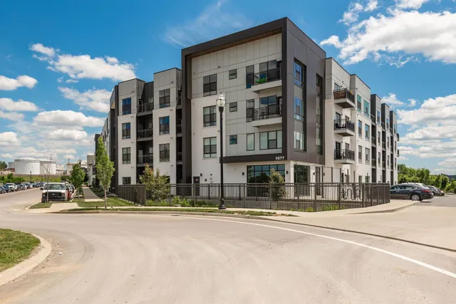 a view of a building and a street