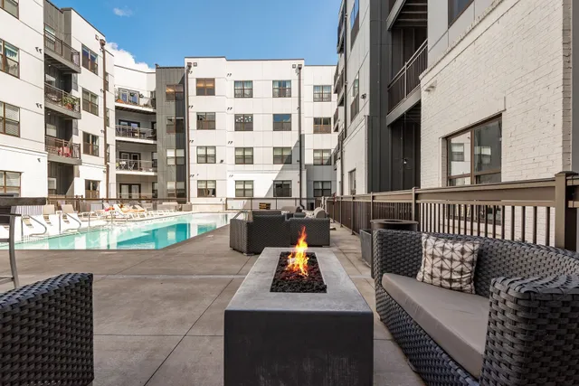 a view of a building from a patio