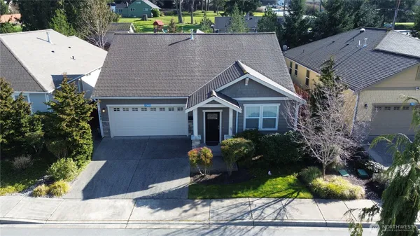 a aerial view of a house with a yard and potted plants