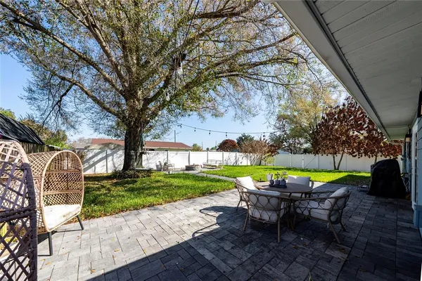 a backyard of a house with table and chairs