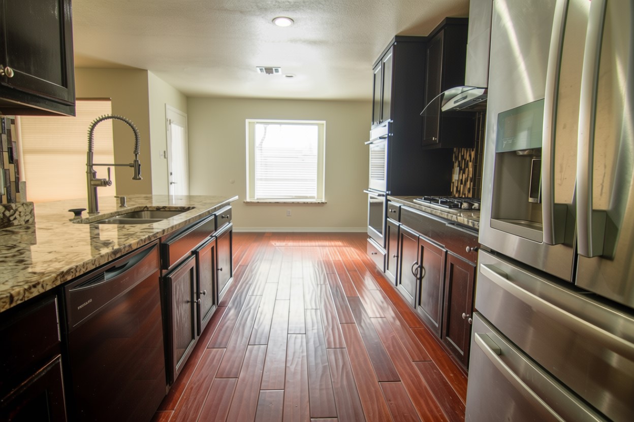 1431 Roxanne's Run Pflugerville, TX 78660 - Photo 12 of 29 Kitchen with stainless steel appliances, light stone counters, and dark wood-style floors