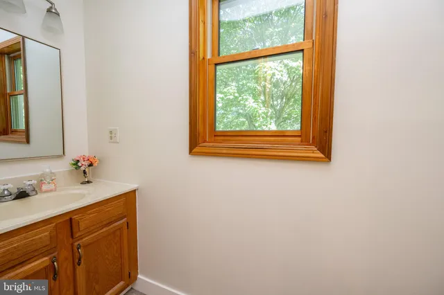 a bathroom with a sink vanity and a mirror