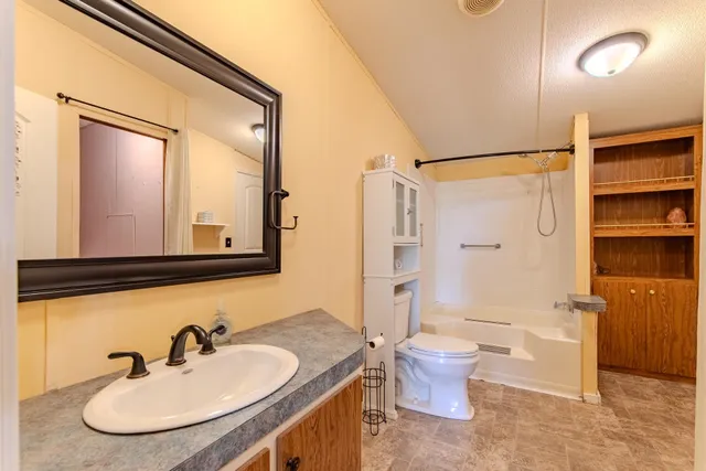 a bathroom with a sink toilet and shower