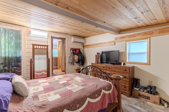 a bed room with a bed and a television