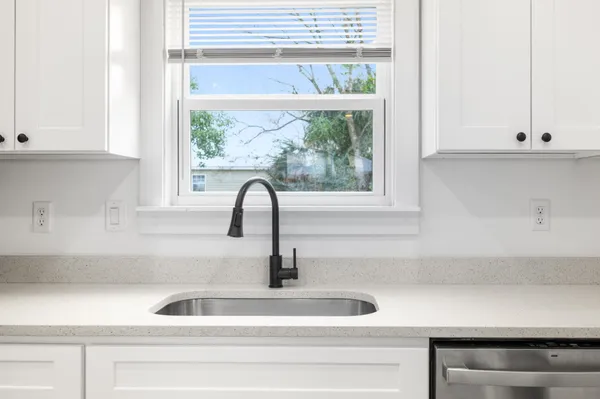 a kitchen with a sink and a window