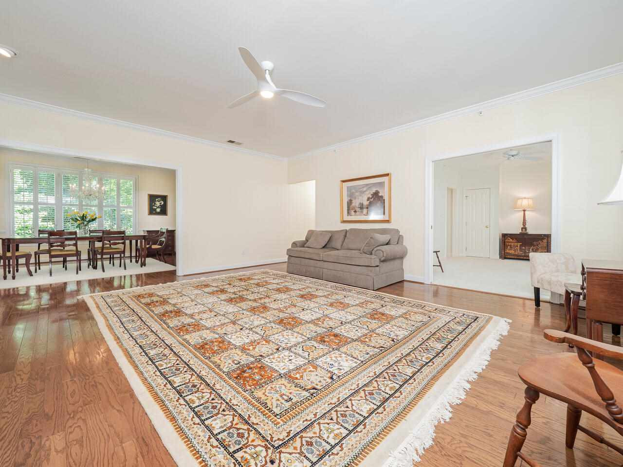 Looking into living room from the front entry foyer. Living Room