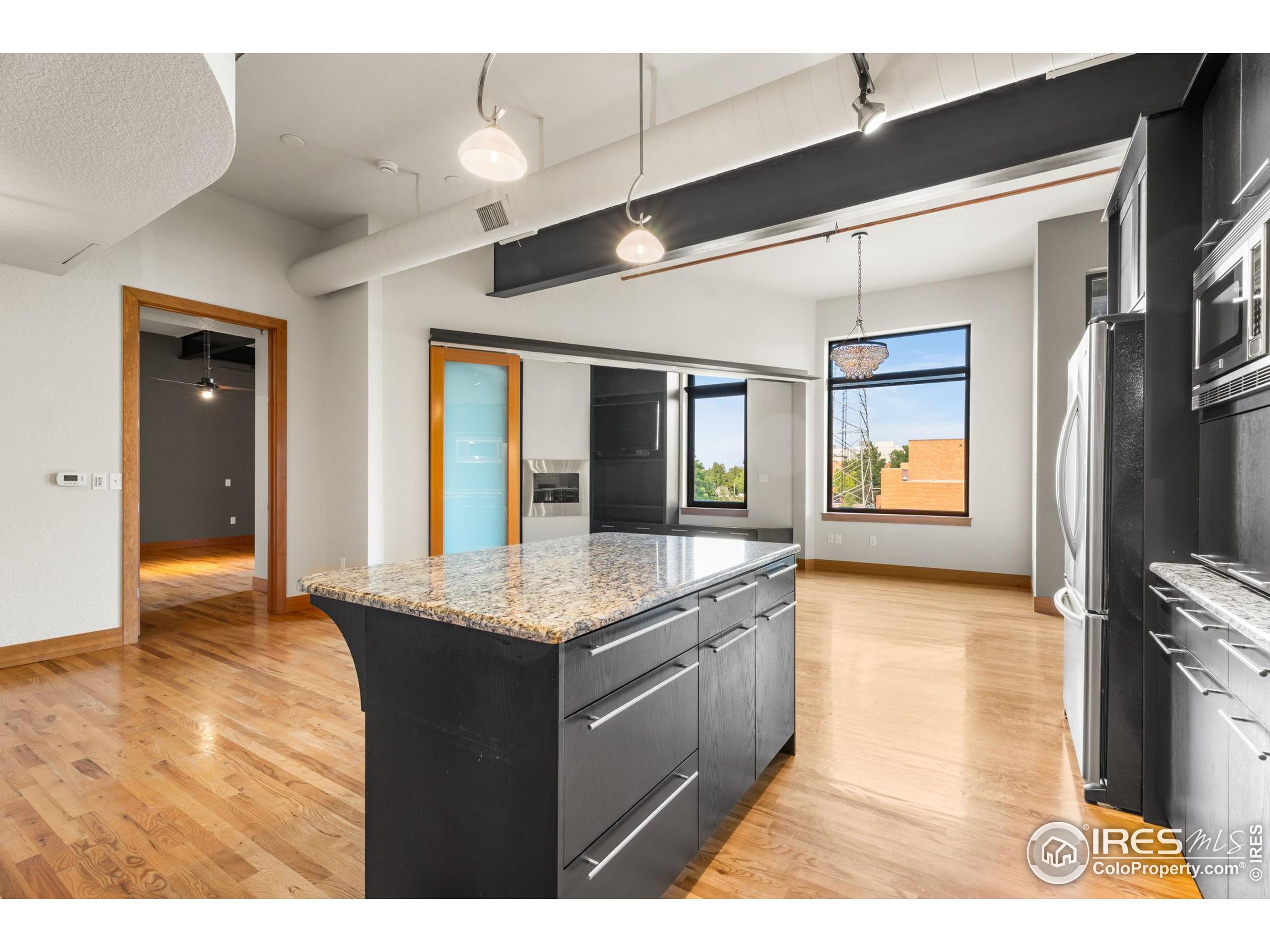 210 West Magnolia Street, Unit 320 Fort Collins, CO 80521 - Photo 17 of 45 a kitchen with stainless steel appliances granite countertop a sink and a refrigerator