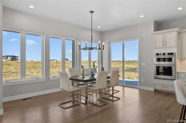 a view of a dining room with furniture window and outside view