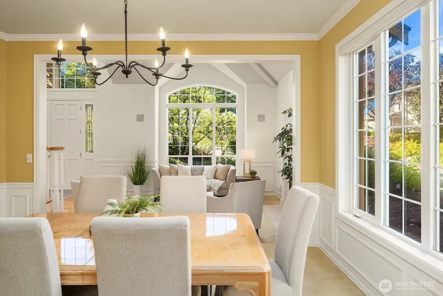 a view of a dining room with furniture window and outside view