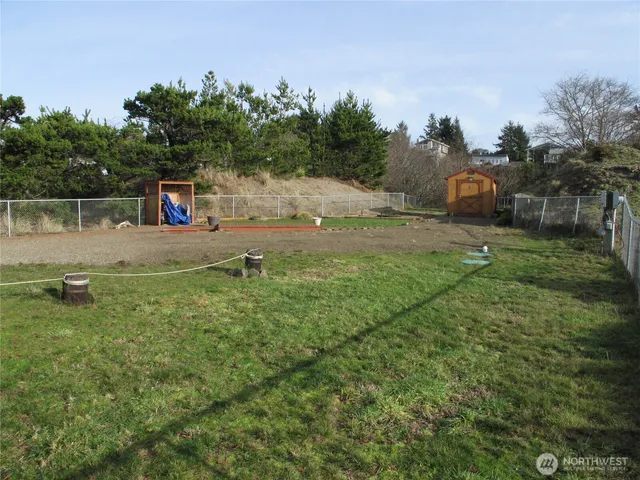 a view of a garden with an outdoor space