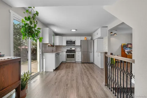 a kitchen with stainless steel appliances a refrigerator a stove a sink and a potted plant