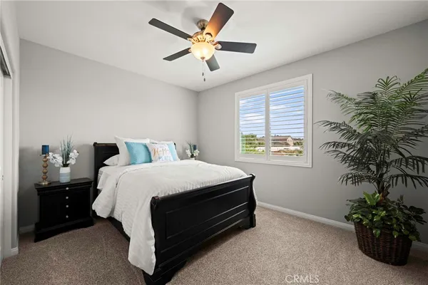a bedroom with a bed and a potted plant