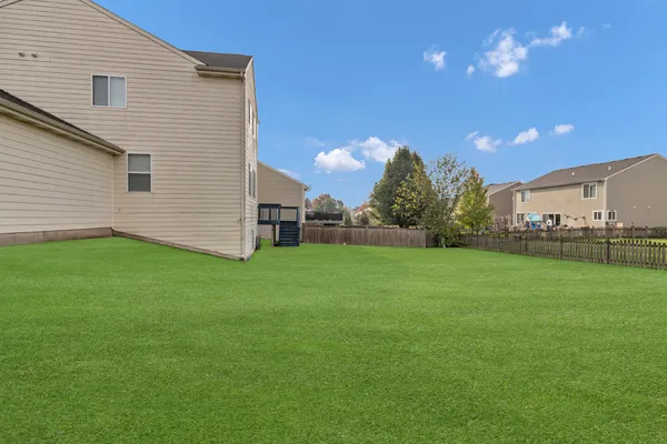 a view of a backyard with plants and large trees